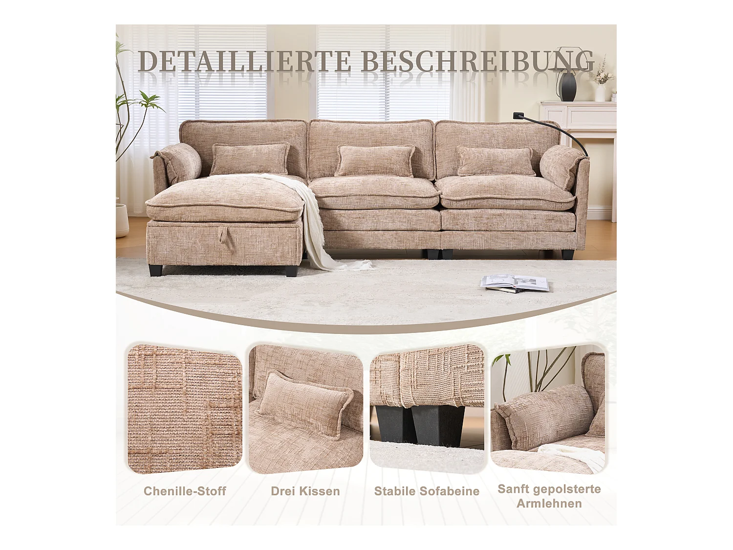 Modulaire 3-zitsbank - Voetensteun, opbergruimte en USB-poort - Smartphonehouder - Voor woonkamer, kantoor of slaapkamer