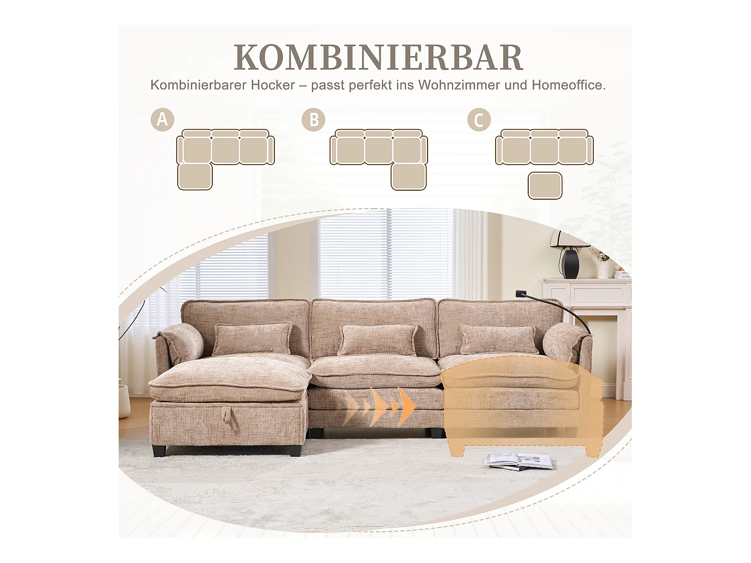 Modulaire 3-zitsbank - Voetensteun, opbergruimte en USB-poort - Smartphonehouder - Voor woonkamer, kantoor of slaapkamer