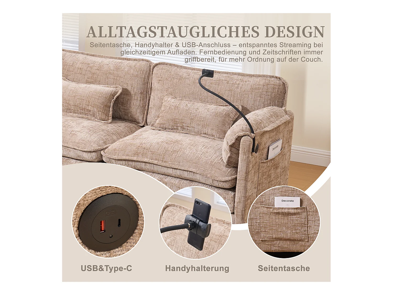 Modulaire 3-zitsbank - Voetensteun, opbergruimte en USB-poort - Smartphonehouder - Voor woonkamer, kantoor of slaapkamer