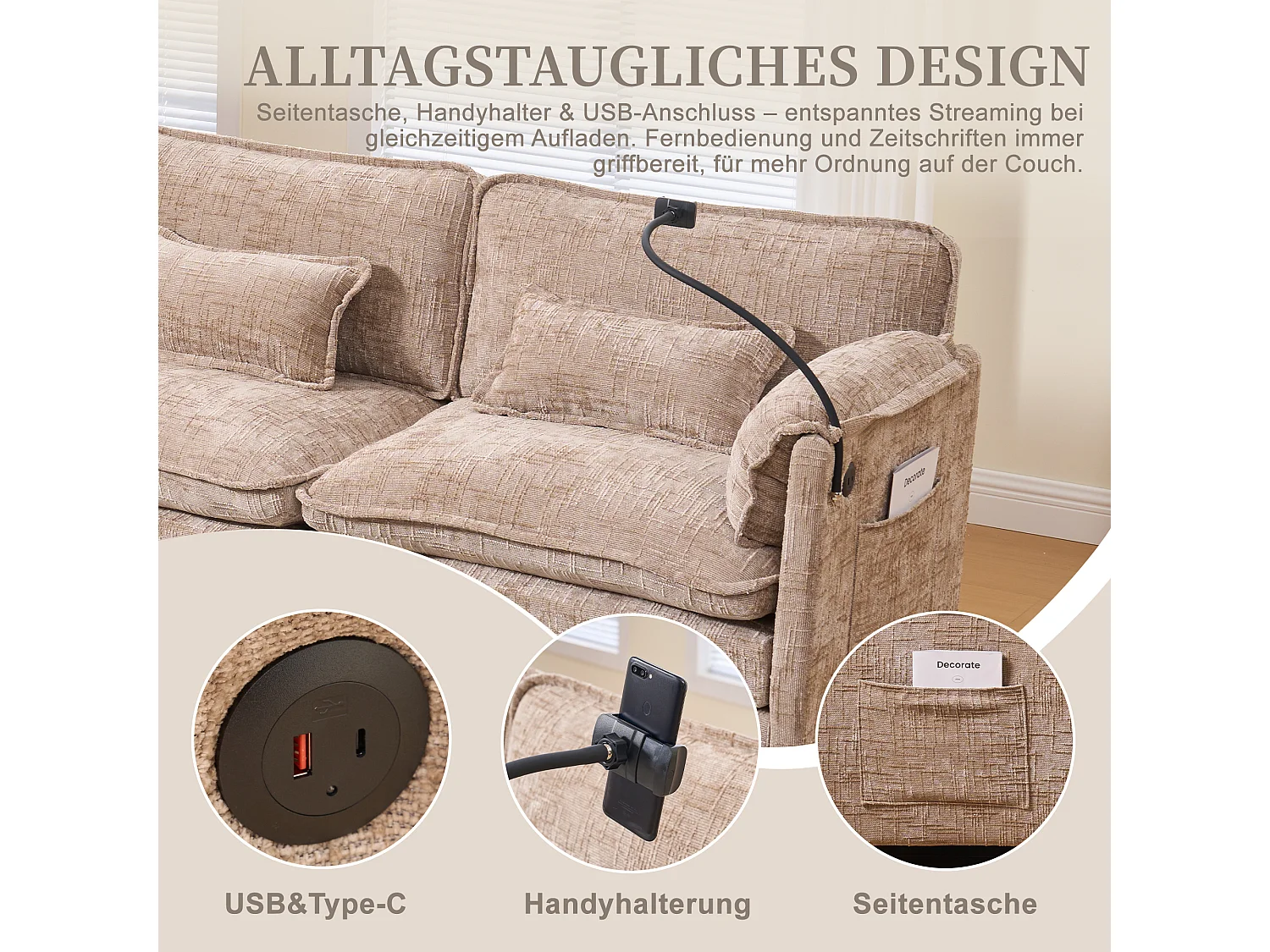 Canapé 3 Places Modulable - Repose-pieds Rangement et Port USB - Support Smartphone - Pour Salon, Bureau ou Chambre