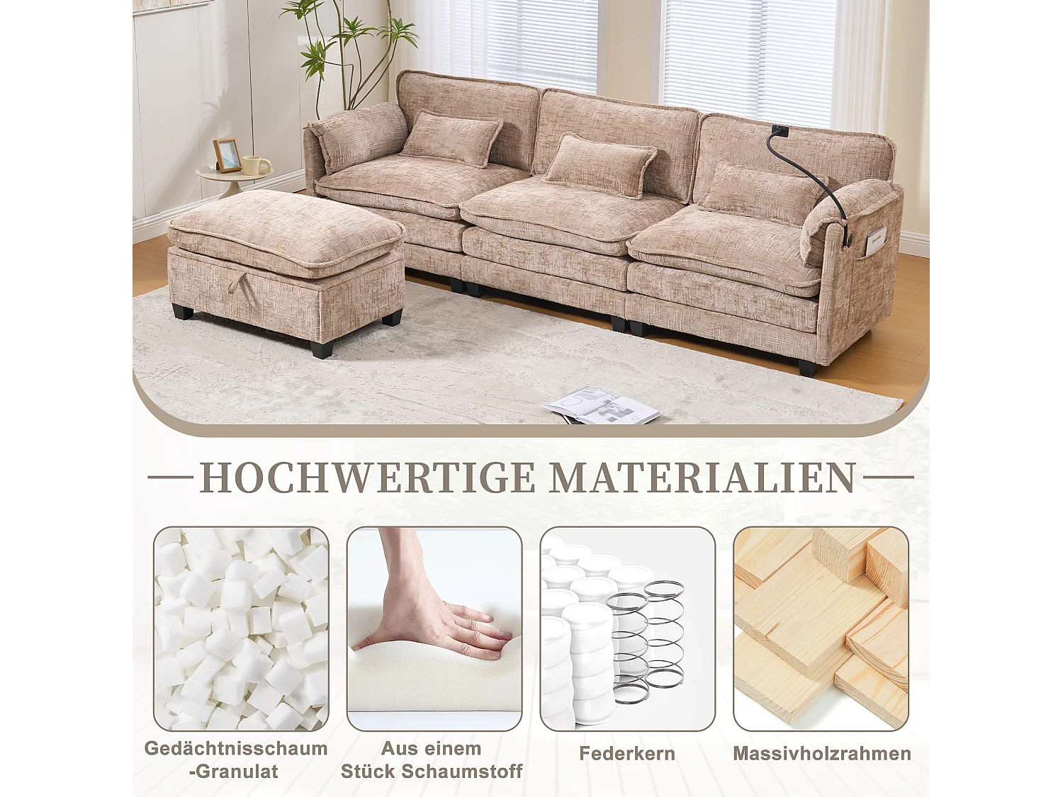 Canapé 3 Places Modulable - Repose-pieds Rangement et Port USB - Support Smartphone - Pour Salon, Bureau ou Chambre