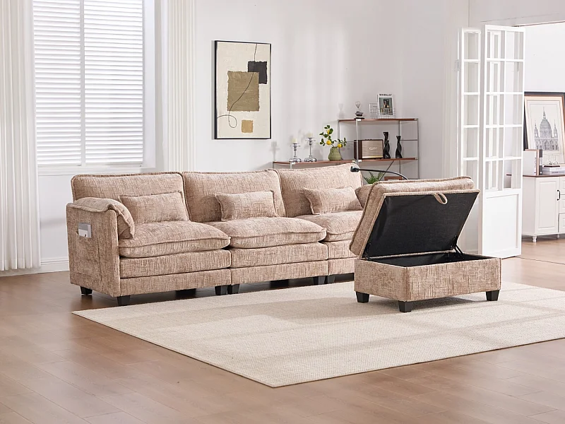 Canapé 3 Places Modulable - Repose-pieds Rangement et Port USB - Support Smartphone - Pour Salon, Bureau ou Chambre