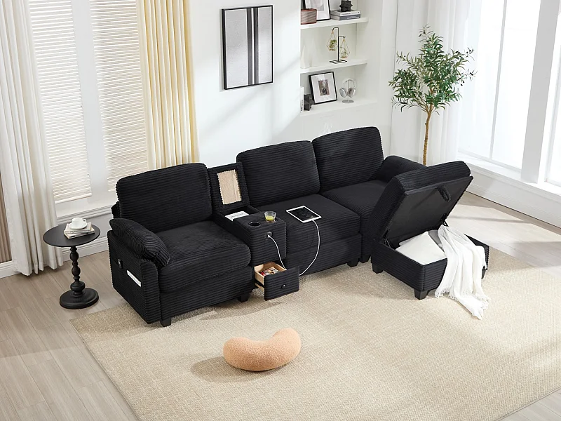 Canapé d'Angle 4 Places - Canapé modulable - Console Centrale Double Port USB (USB + Type-C) - Repose-Pieds Rangement - Pour Salon, Bureau