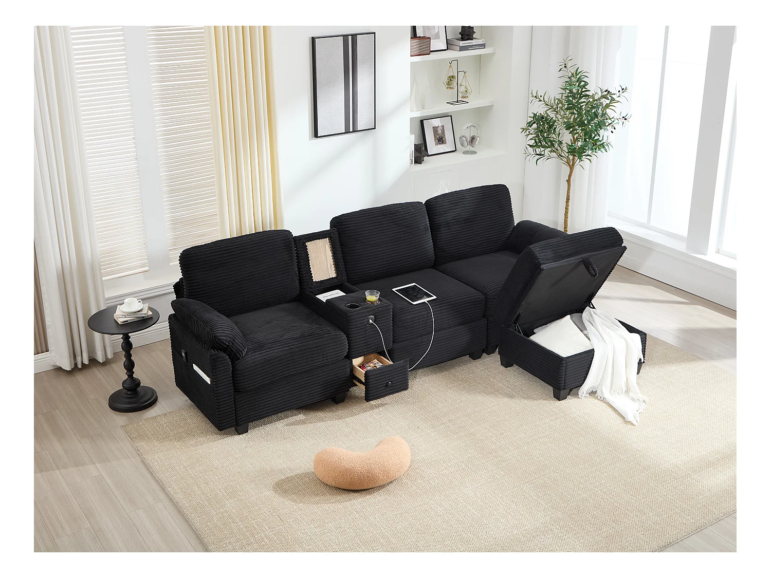 4-zits hoekbank - Modulaire bank - Middenconsole met twee USB-poorten (USB + Type-C) - Voetensteun met opbergruimte - Voor woonkamer, kantoor