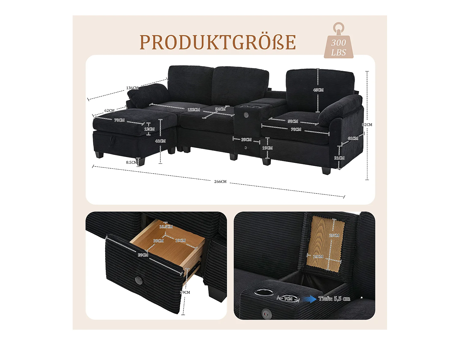 4-zits hoekbank - Modulaire bank - Middenconsole met twee USB-poorten (USB + Type-C) - Voetensteun met opbergruimte - Voor woonkamer, kantoor