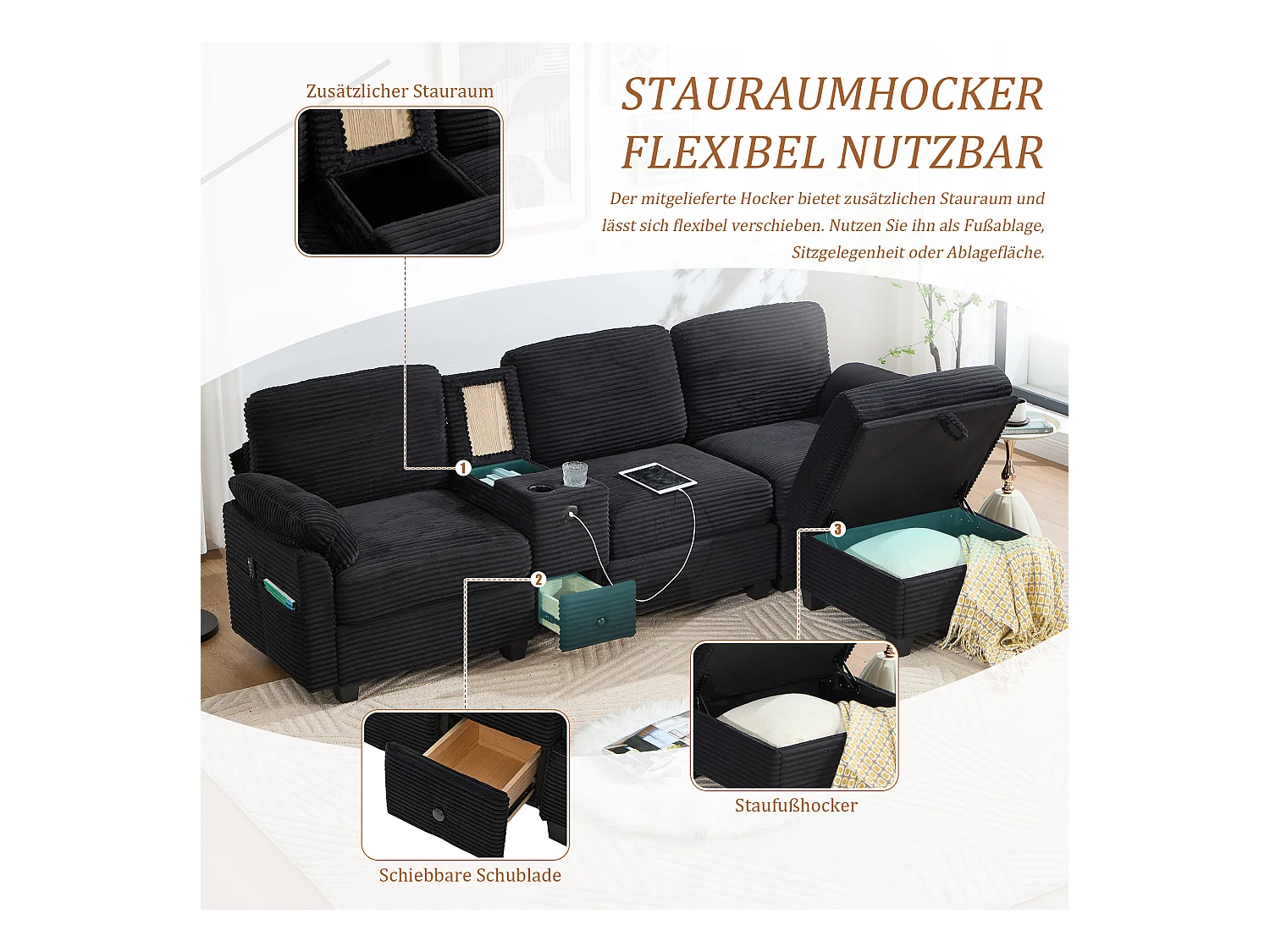 4-zits hoekbank - Modulaire bank - Middenconsole met twee USB-poorten (USB + Type-C) - Voetensteun met opbergruimte - Voor woonkamer, kantoor