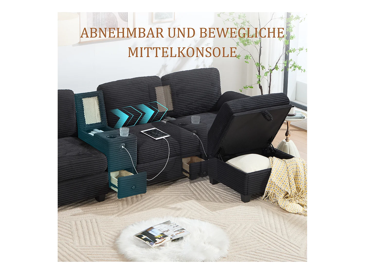 4-zits hoekbank - Modulaire bank - Middenconsole met twee USB-poorten (USB + Type-C) - Voetensteun met opbergruimte - Voor woonkamer, kantoor