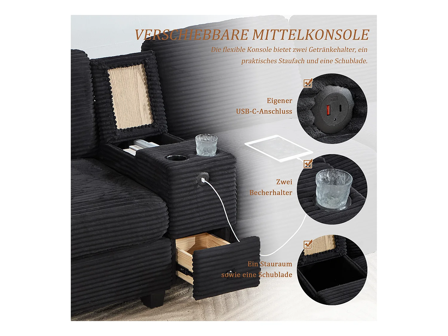 4-zits hoekbank - Modulaire bank - Middenconsole met twee USB-poorten (USB + Type-C) - Voetensteun met opbergruimte - Voor woonkamer, kantoor
