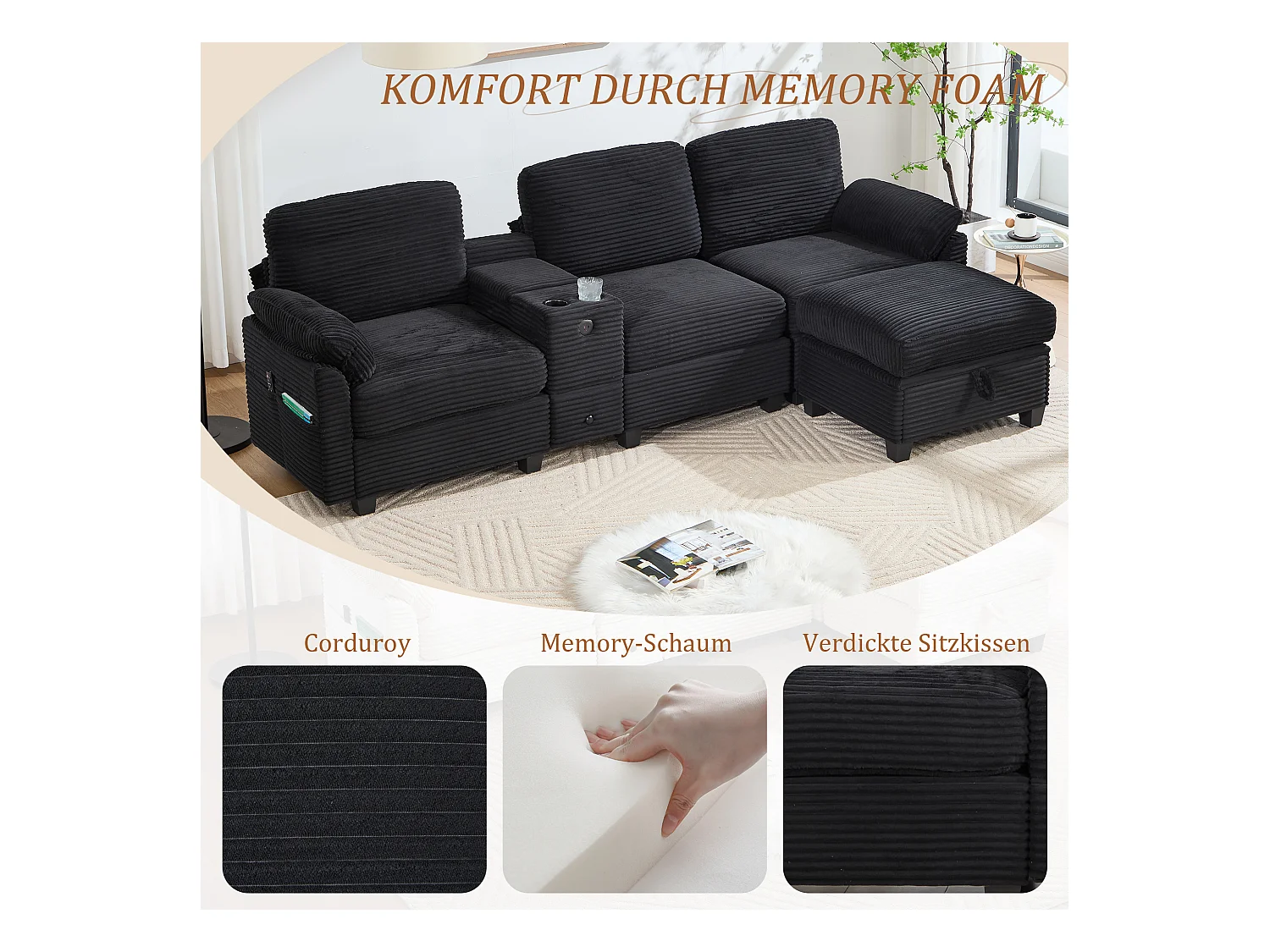 4-zits hoekbank - Modulaire bank - Middenconsole met twee USB-poorten (USB + Type-C) - Voetensteun met opbergruimte - Voor woonkamer, kantoor