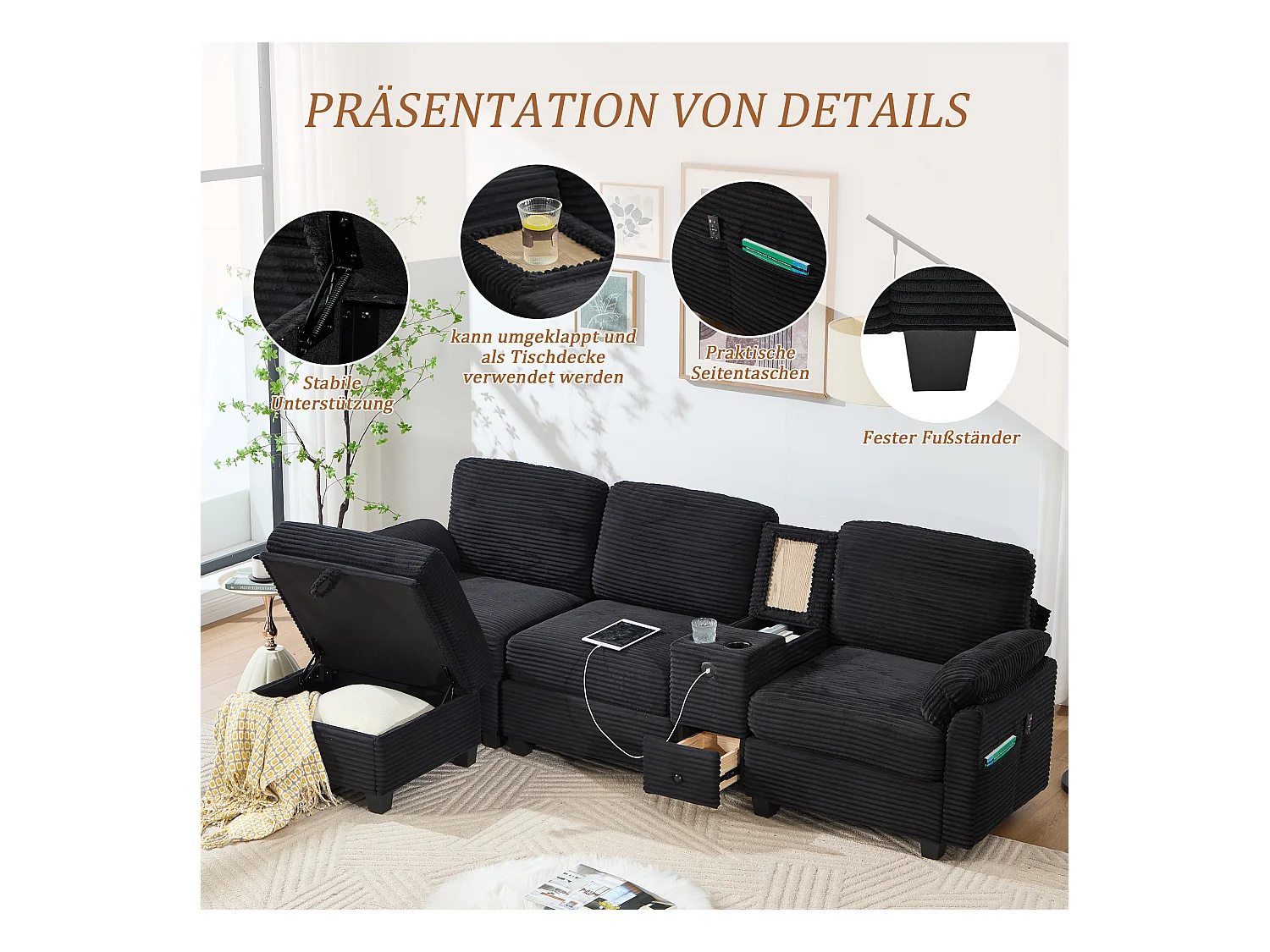 4-zits hoekbank - Modulaire bank - Middenconsole met twee USB-poorten (USB + Type-C) - Voetensteun met opbergruimte - Voor woonkamer, kantoor