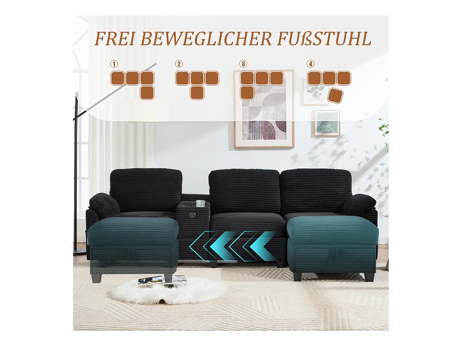 4-zits hoekbank - Modulaire bank - Middenconsole met twee USB-poorten (USB + Type-C) - Voetensteun met opbergruimte - Voor woonkamer, kantoor