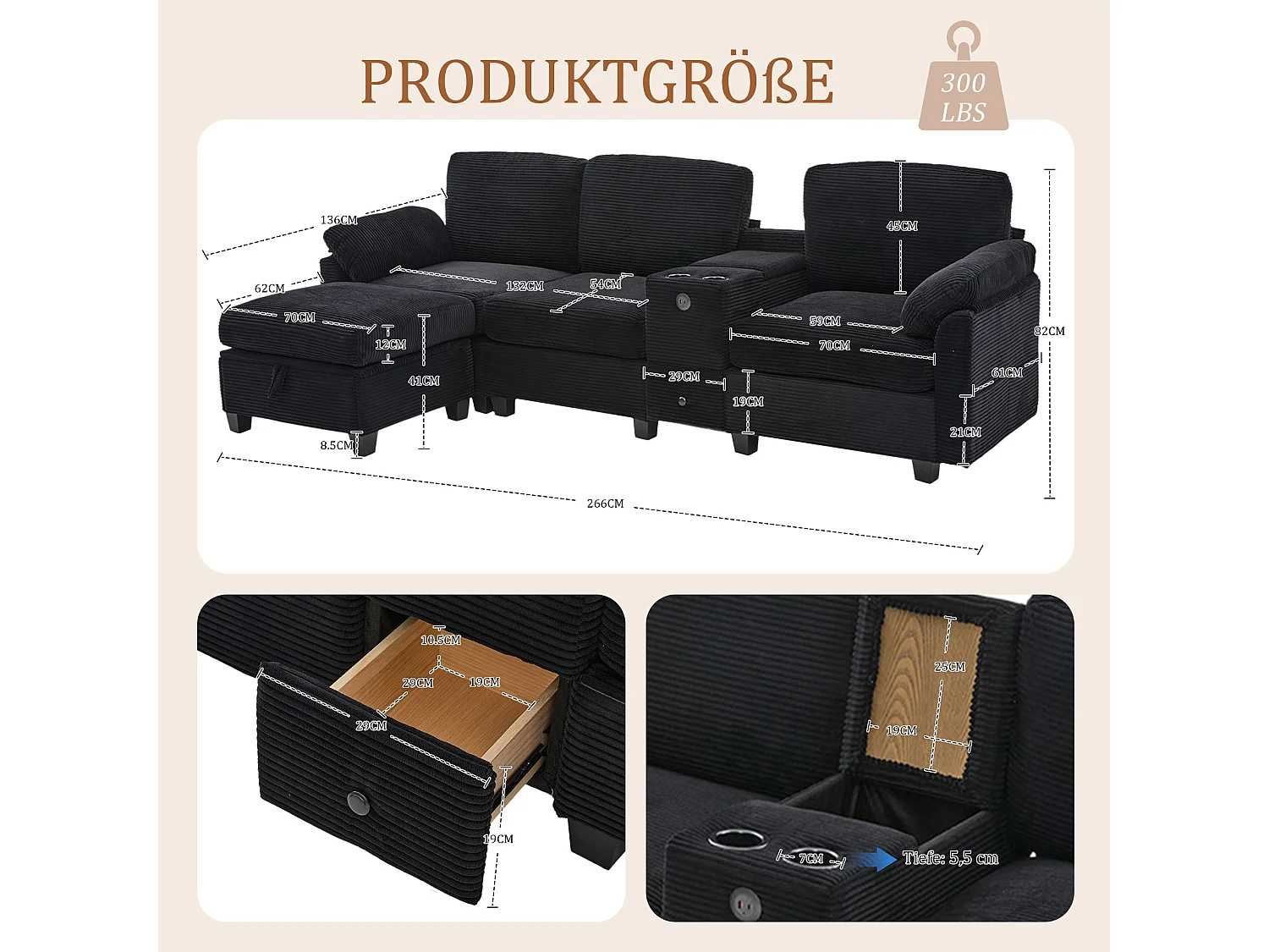 Canapé d'Angle 4 Places - Canapé modulable - Console Centrale Double Port USB (USB + Type-C) - Repose-Pieds Rangement - Pour Salon, Bureau