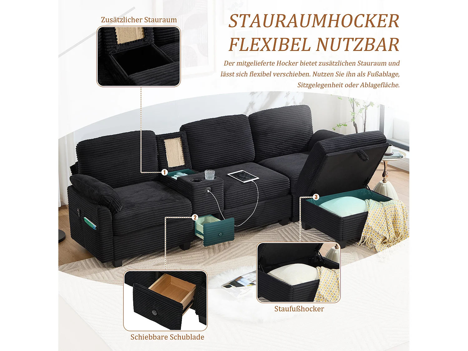 Canapé d'Angle 4 Places - Canapé modulable - Console Centrale Double Port USB (USB + Type-C) - Repose-Pieds Rangement - Pour Salon, Bureau