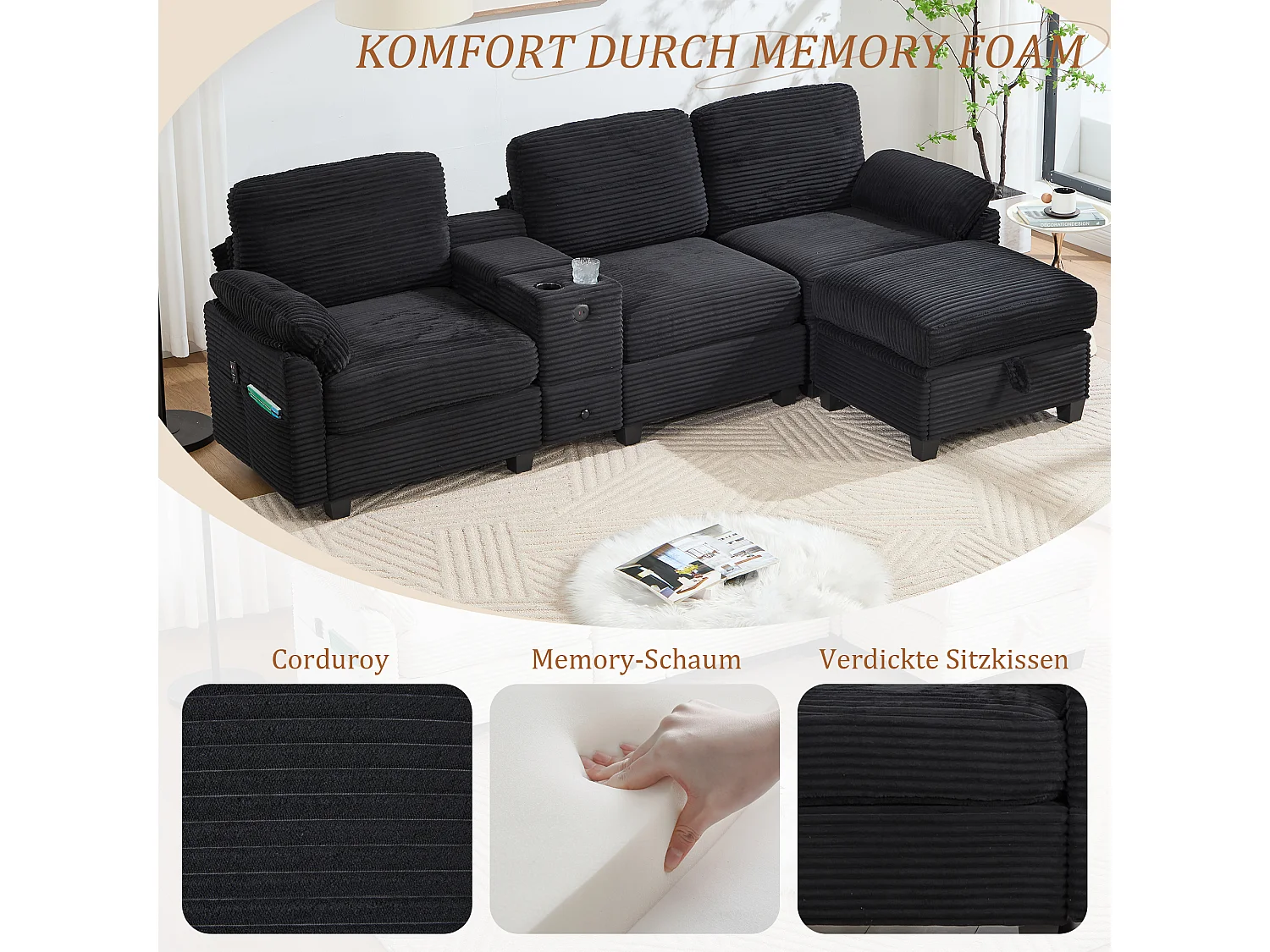 Canapé d'Angle 4 Places - Canapé modulable - Console Centrale Double Port USB (USB + Type-C) - Repose-Pieds Rangement - Pour Salon, Bureau