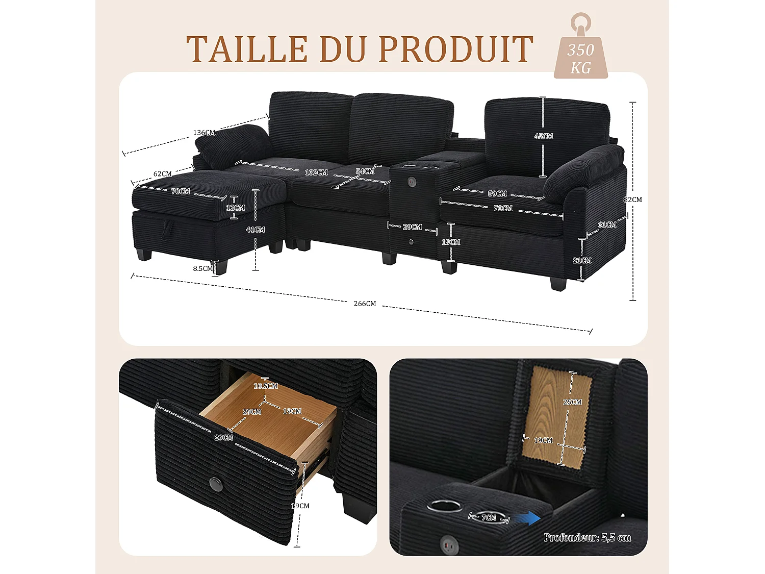 Canapé d'Angle 4 Places - Canapé modulable - Console Centrale Double Port USB (USB + Type-C) - Repose-Pieds Rangement - Pour Salon, Bureau