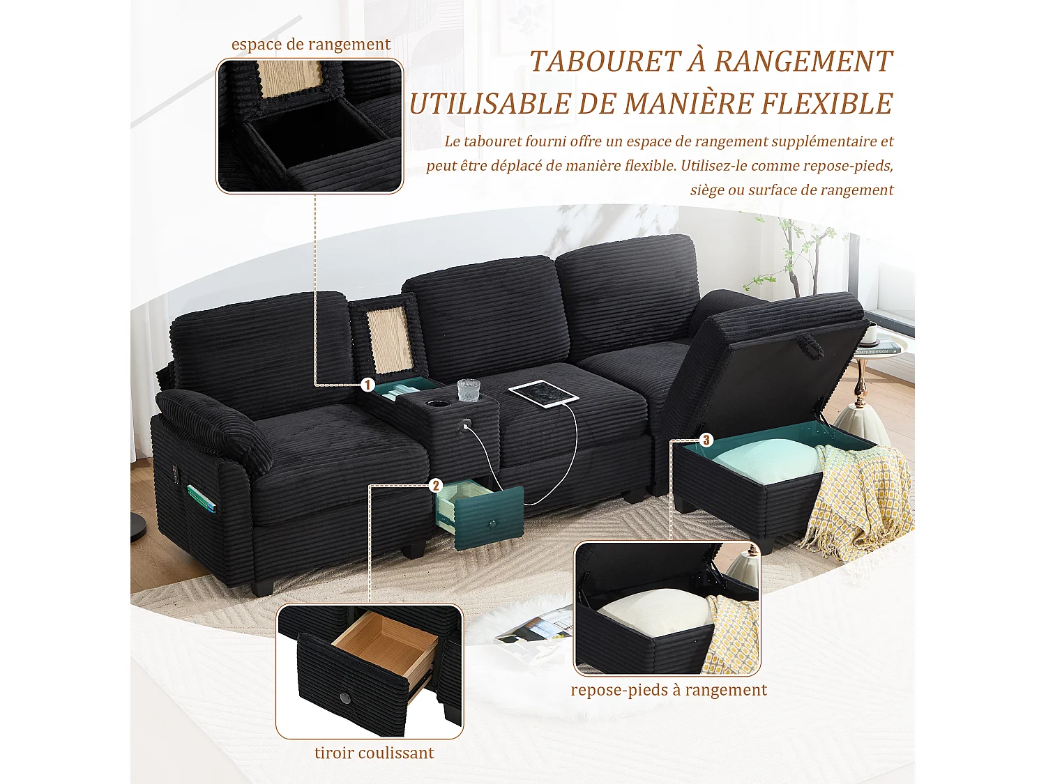 Canapé d'Angle 4 Places - Canapé modulable - Console Centrale Double Port USB (USB + Type-C) - Repose-Pieds Rangement - Pour Salon, Bureau