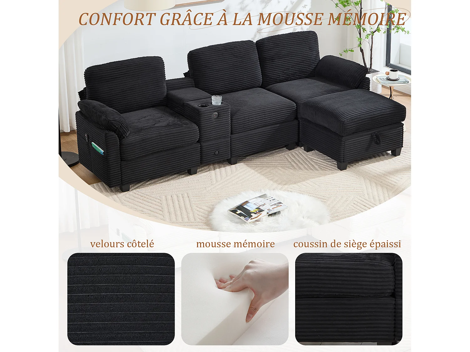 Canapé d'Angle 4 Places - Canapé modulable - Console Centrale Double Port USB (USB + Type-C) - Repose-Pieds Rangement - Pour Salon, Bureau