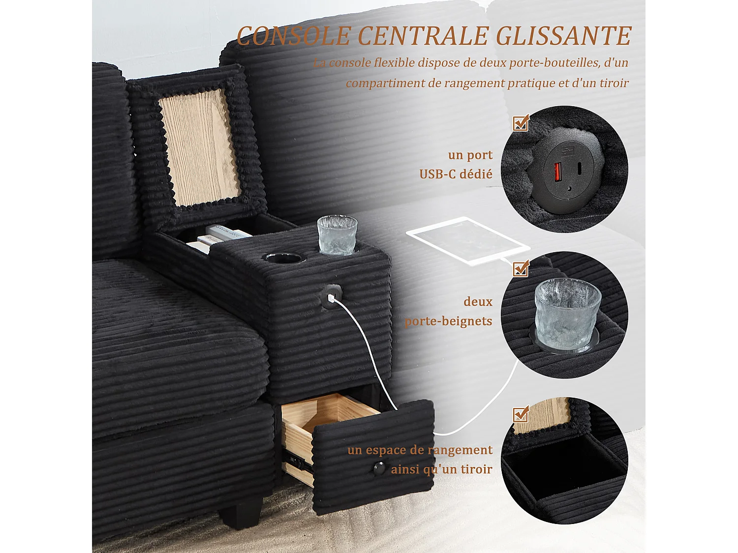 Canapé d'Angle 4 Places - Canapé modulable - Console Centrale Double Port USB (USB + Type-C) - Repose-Pieds Rangement - Pour Salon, Bureau