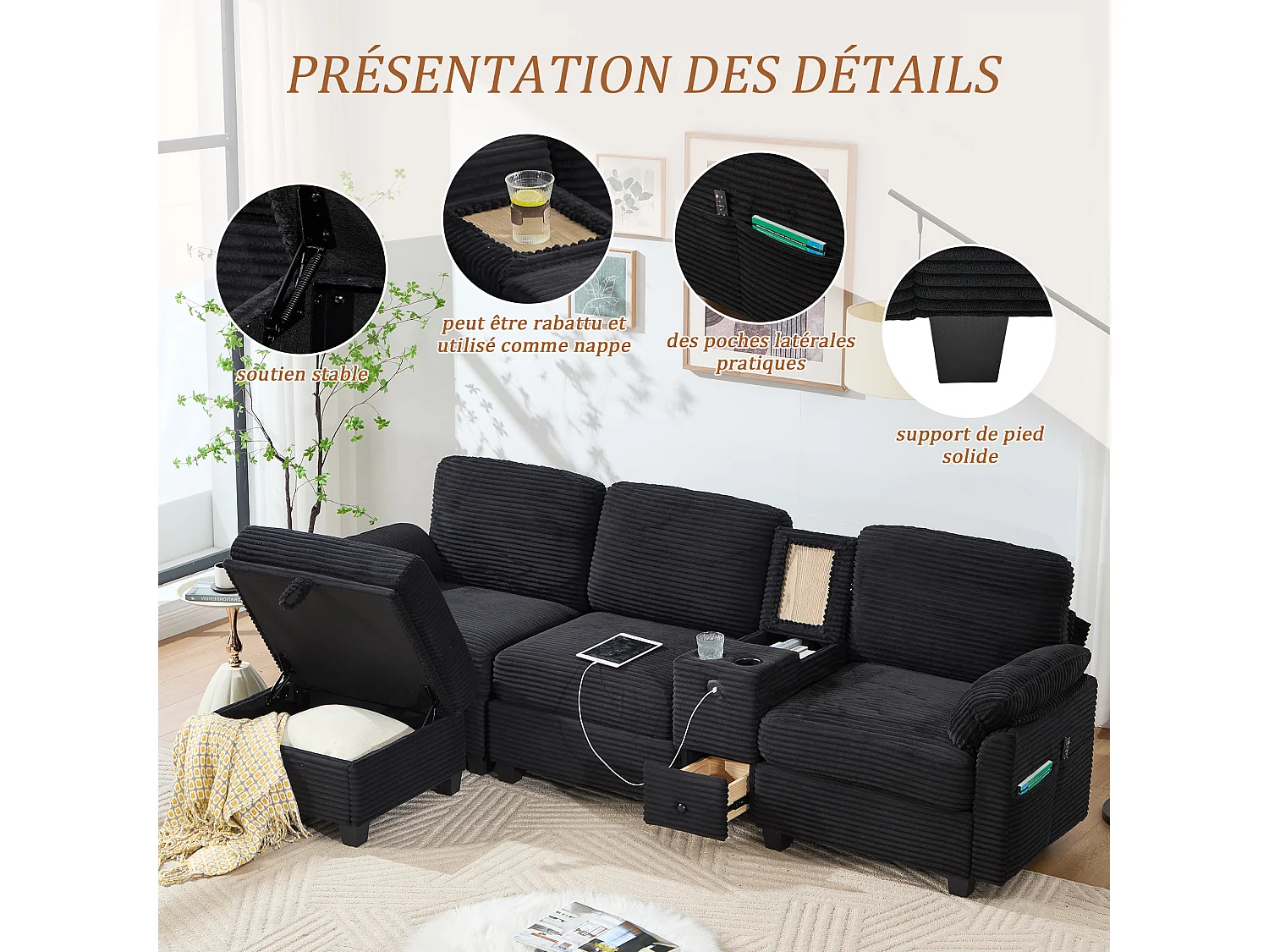 Canapé d'Angle 4 Places - Canapé modulable - Console Centrale Double Port USB (USB + Type-C) - Repose-Pieds Rangement - Pour Salon, Bureau