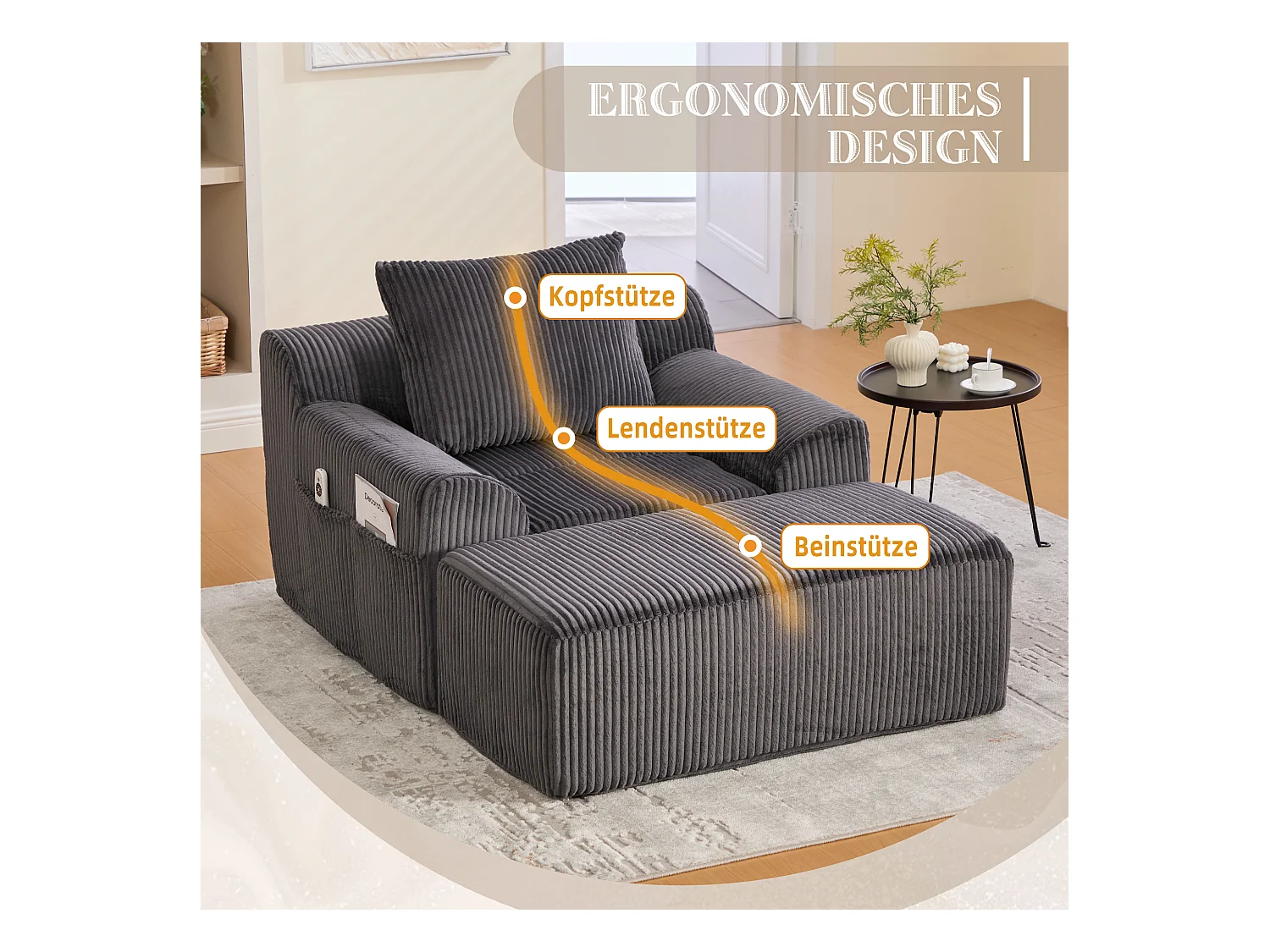 Grote zitzak met voetenbank - 1-zits corduroy bank - Optimaal comfort voor woonkamer, slaapkamer of kantoor