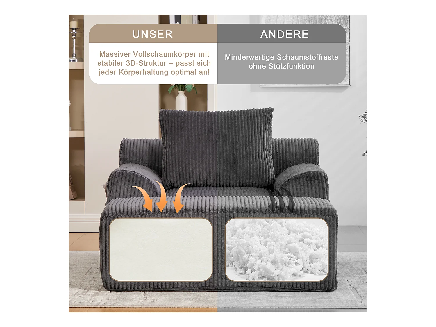 Grote zitzak met voetenbank - 1-zits corduroy bank - Optimaal comfort voor woonkamer, slaapkamer of kantoor