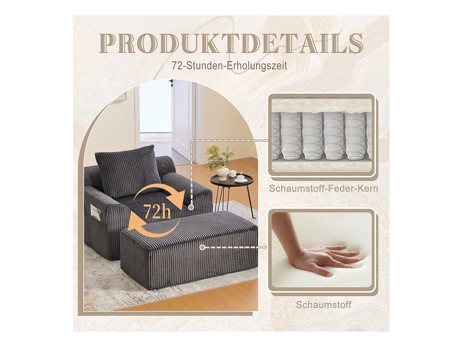 Grote zitzak met voetenbank - 1-zits corduroy bank - Optimaal comfort voor woonkamer, slaapkamer of kantoor