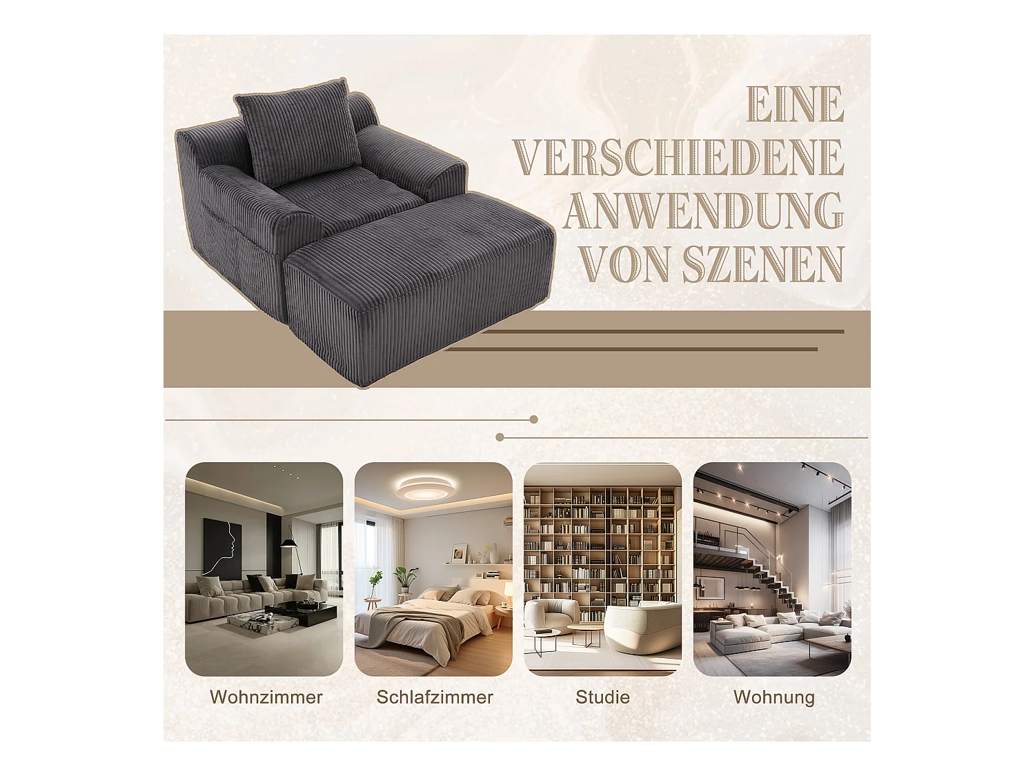 Grote zitzak met voetenbank - 1-zits corduroy bank - Optimaal comfort voor woonkamer, slaapkamer of kantoor