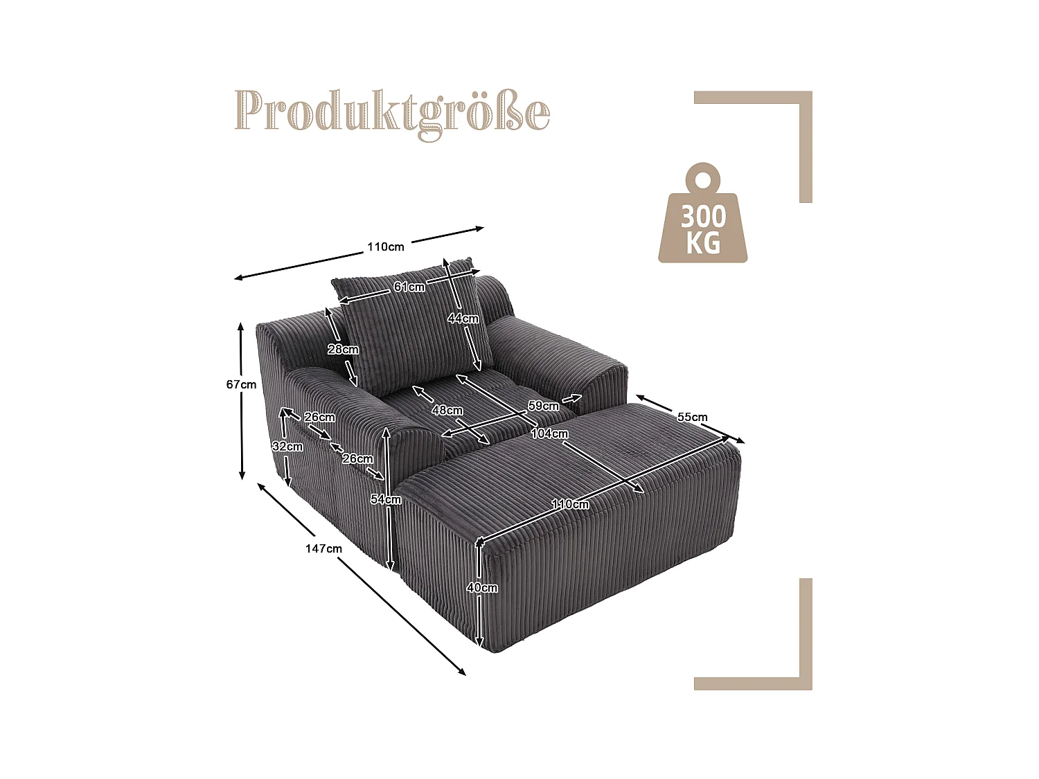 Grote zitzak met voetenbank - 1-zits corduroy bank - Optimaal comfort voor woonkamer, slaapkamer of kantoor