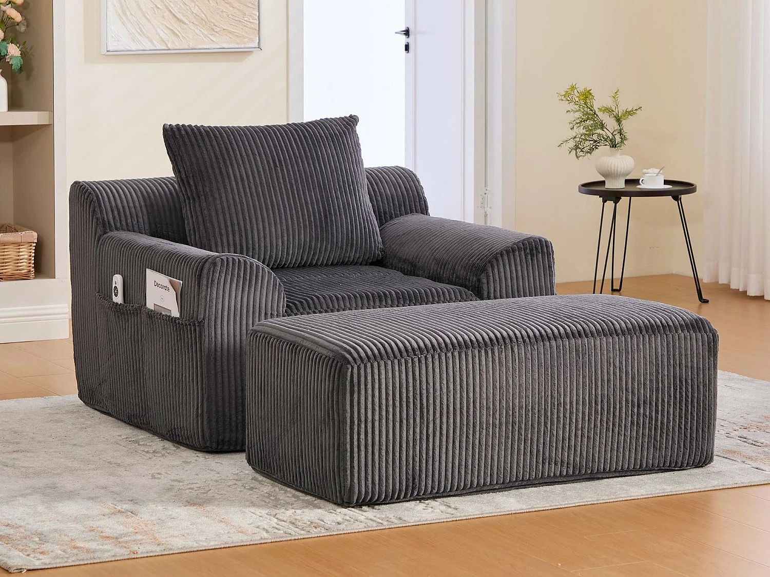 Pouf Fauteuil Géant avec Repose-Pieds - Canapé 1 Place en Velours Côtelé - Gris Anthracite - Confort Optimal pour Salon, Chambre ou Bureau