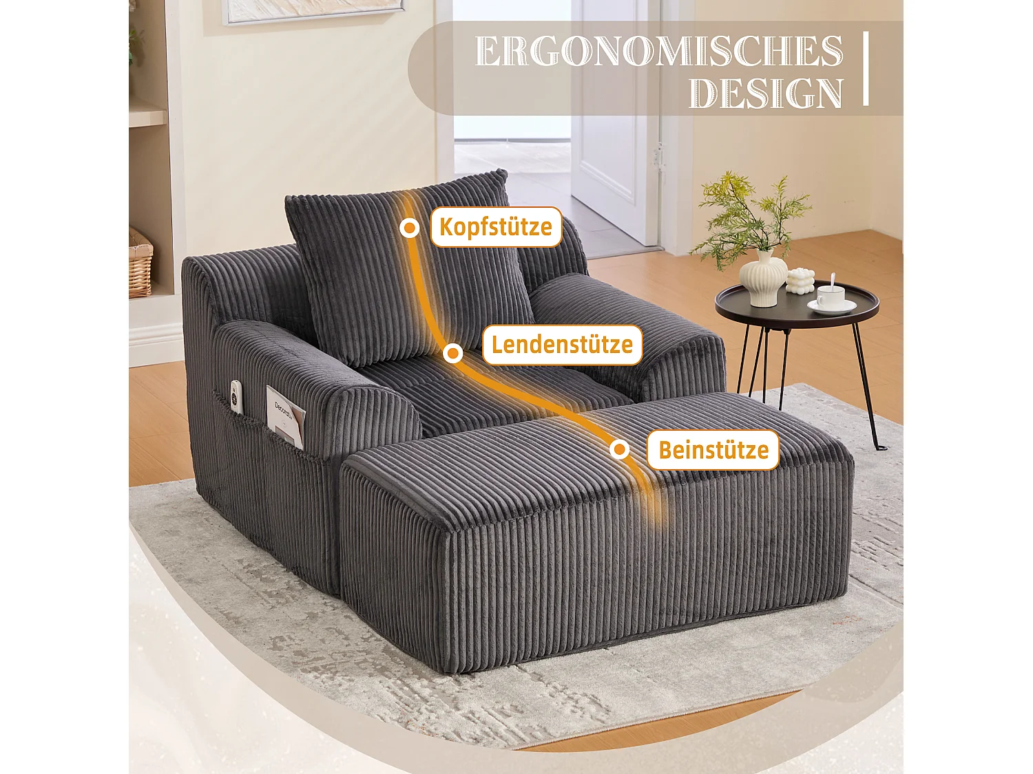 Pouf Fauteuil Géant avec Repose-Pieds - Canapé 1 Place en Velours Côtelé - Gris Anthracite - Confort Optimal pour Salon, Chambre ou Bureau