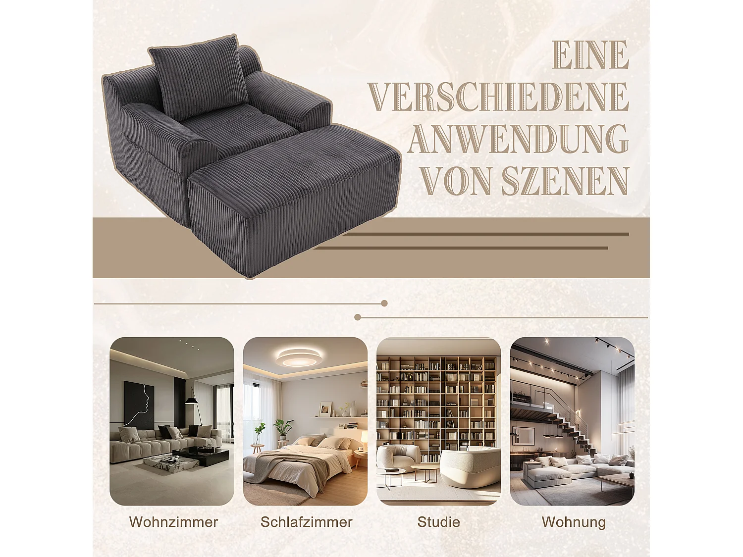 Pouf Fauteuil Géant avec Repose-Pieds - Canapé 1 Place en Velours Côtelé - Gris Anthracite - Confort Optimal pour Salon, Chambre ou Bureau