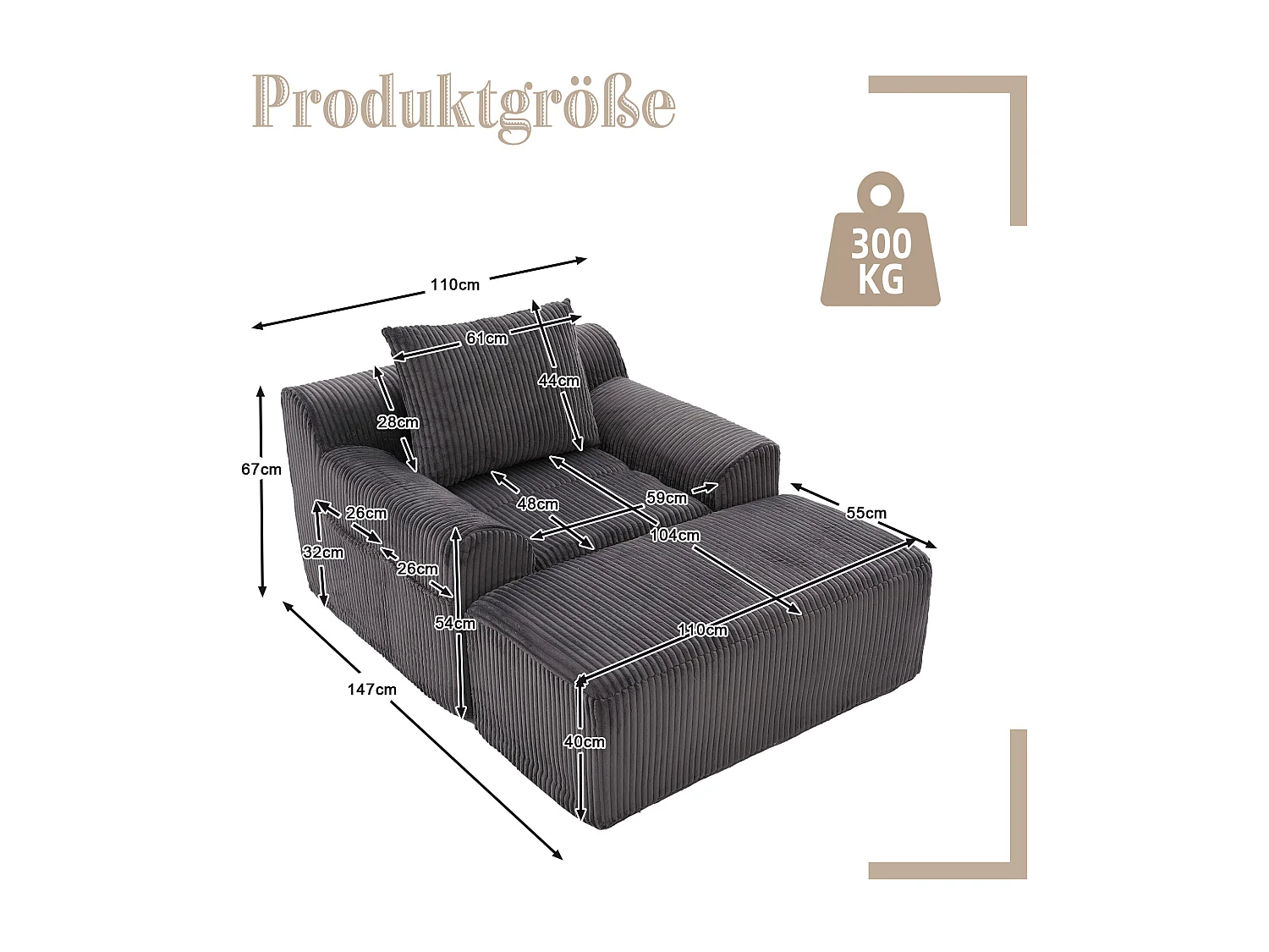 Pouf Fauteuil Géant avec Repose-Pieds - Canapé 1 Place en Velours Côtelé - Gris Anthracite - Confort Optimal pour Salon, Chambre ou Bureau