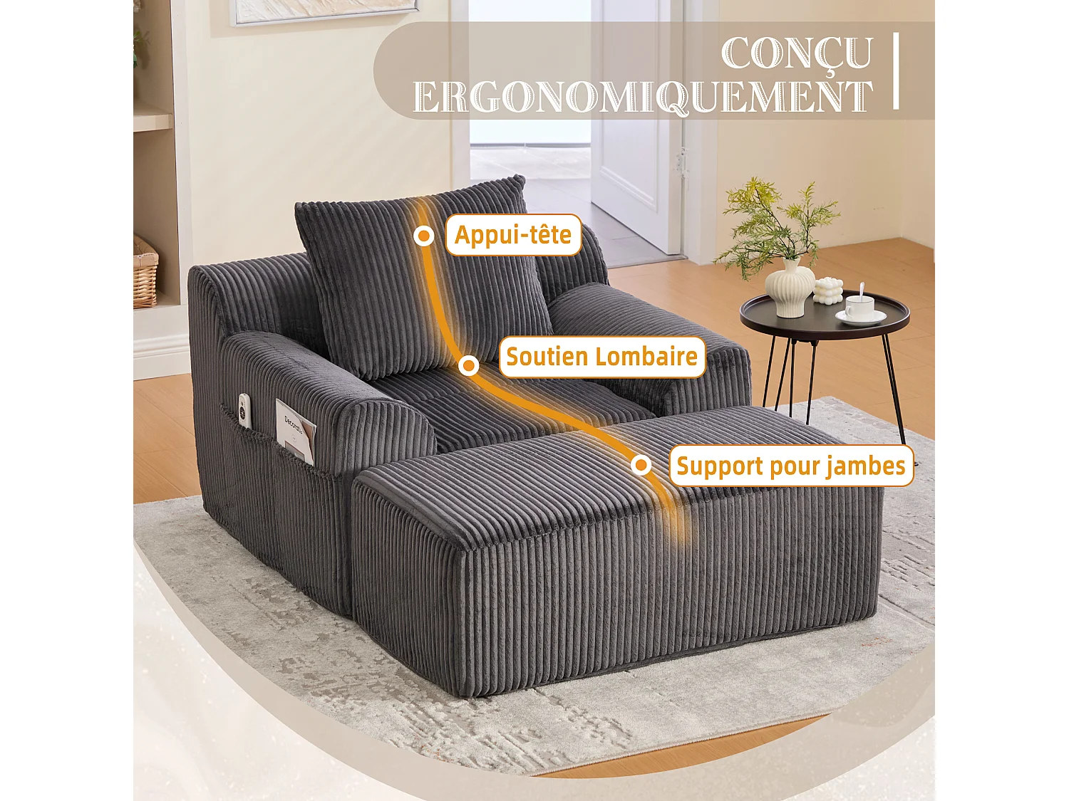 Pouf Fauteuil Géant avec Repose-Pieds - Canapé 1 Place en Velours Côtelé - Gris Anthracite - Confort Optimal pour Salon, Chambre ou Bureau