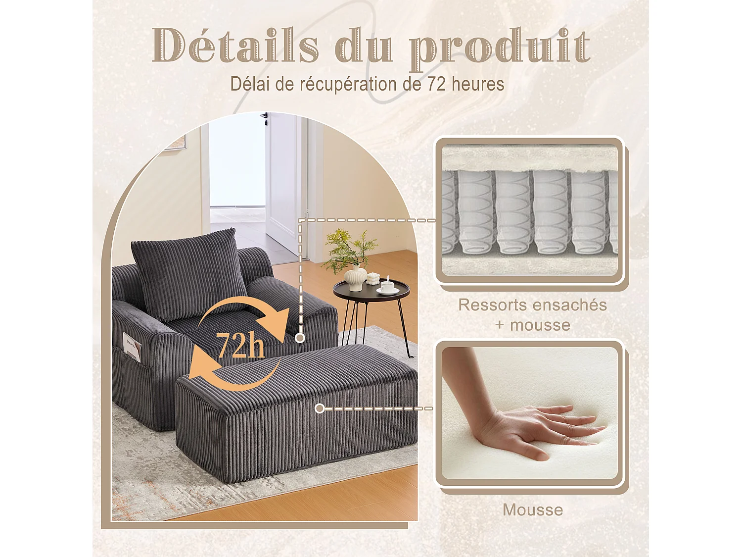 Pouf Fauteuil Géant avec Repose-Pieds - Canapé 1 Place en Velours Côtelé - Gris Anthracite - Confort Optimal pour Salon, Chambre ou Bureau