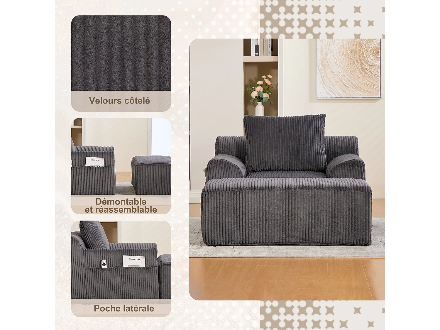 Pouf Fauteuil Géant avec Repose-Pieds - Canapé 1 Place en Velours Côtelé - Gris Anthracite - Confort Optimal pour Salon, Chambre ou Bureau