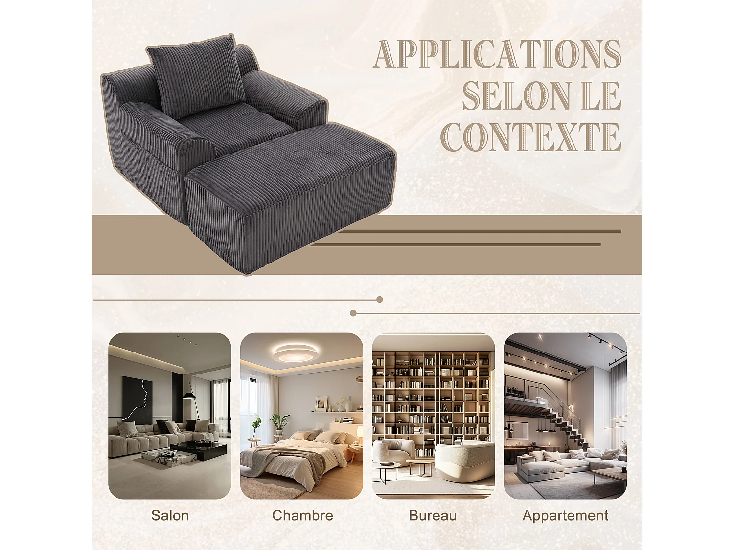 Pouf Fauteuil Géant avec Repose-Pieds - Canapé 1 Place en Velours Côtelé - Gris Anthracite - Confort Optimal pour Salon, Chambre ou Bureau