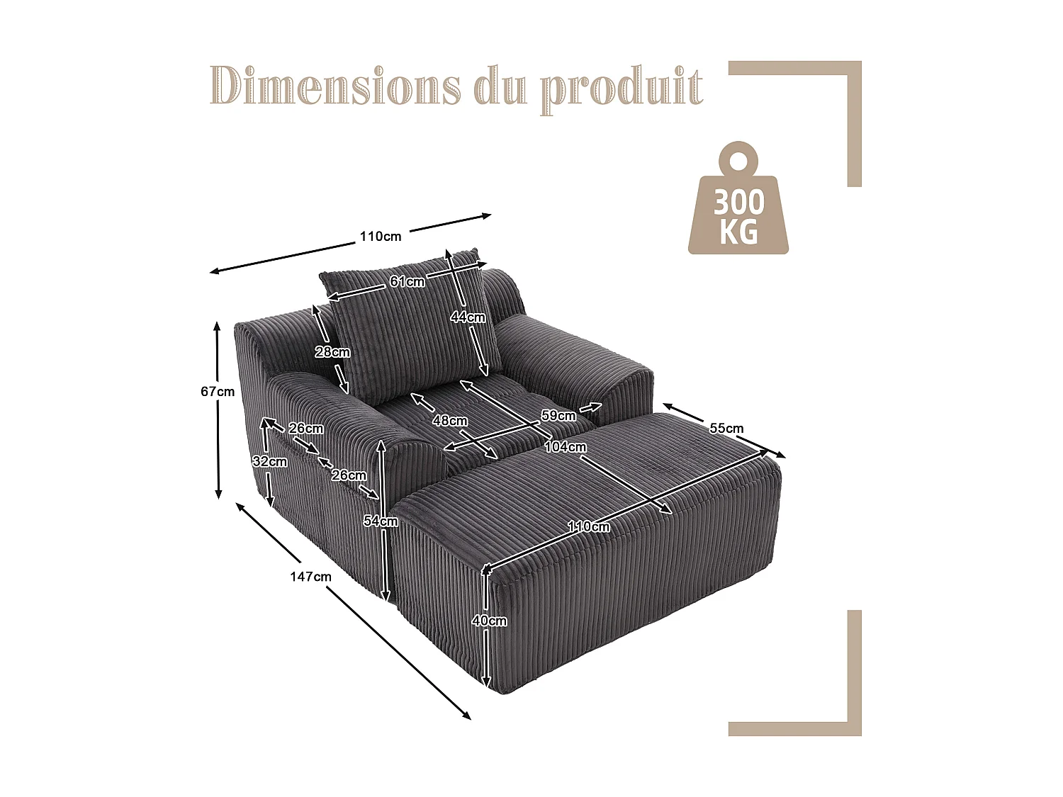 Pouf Fauteuil Géant avec Repose-Pieds - Canapé 1 Place en Velours Côtelé - Gris Anthracite - Confort Optimal pour Salon, Chambre ou Bureau