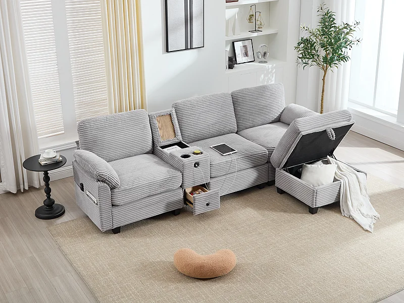 Canapé d'Angle 4 Places - Canapé modulable - Console Centrale Double Port USB (USB + Type-C) - Repose-Pieds Rangement - Pour Salon, Bureau