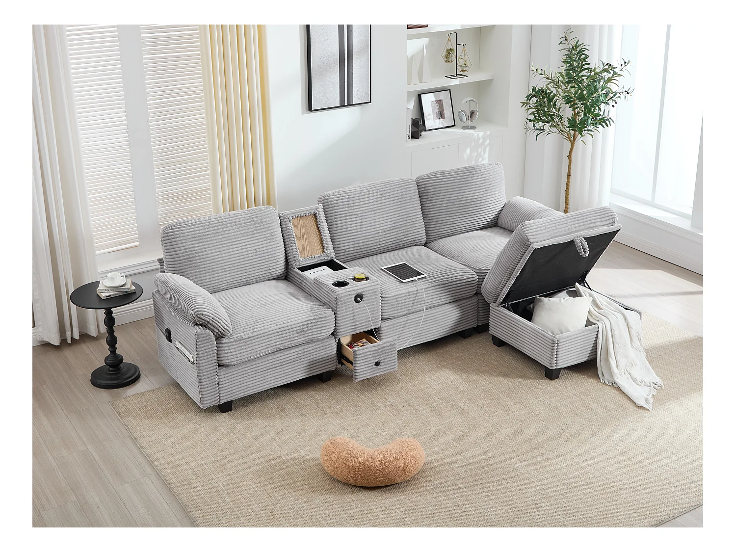 4-zits hoekbank - Modulaire bank - Middenconsole met twee USB-poorten (USB + Type-C) - Voetensteun met opbergruimte - Voor woonkamer, kantoor