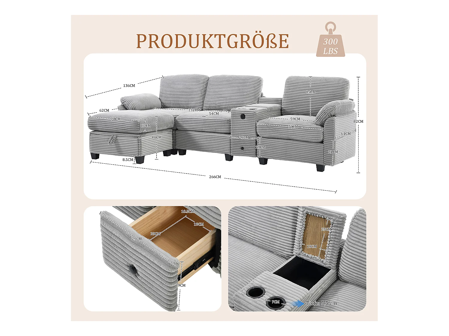 4-zits hoekbank - Modulaire bank - Middenconsole met twee USB-poorten (USB + Type-C) - Voetensteun met opbergruimte - Voor woonkamer, kantoor