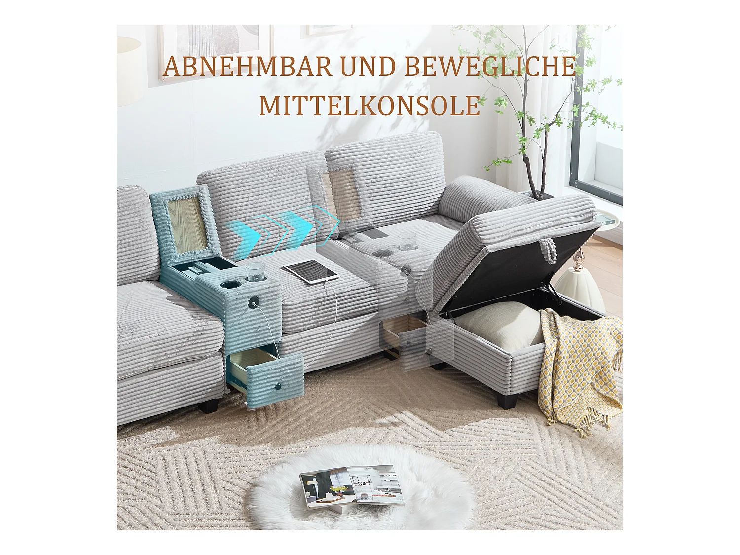 4-zits hoekbank - Modulaire bank - Middenconsole met twee USB-poorten (USB + Type-C) - Voetensteun met opbergruimte - Voor woonkamer, kantoor