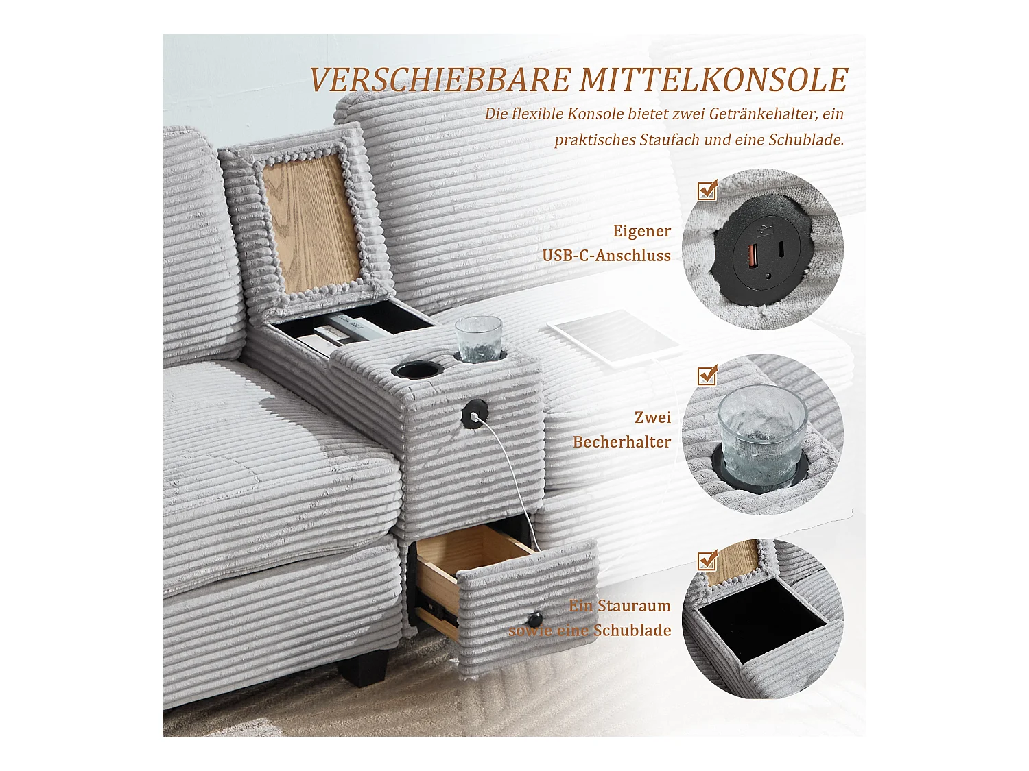 4-zits hoekbank - Modulaire bank - Middenconsole met twee USB-poorten (USB + Type-C) - Voetensteun met opbergruimte - Voor woonkamer, kantoor