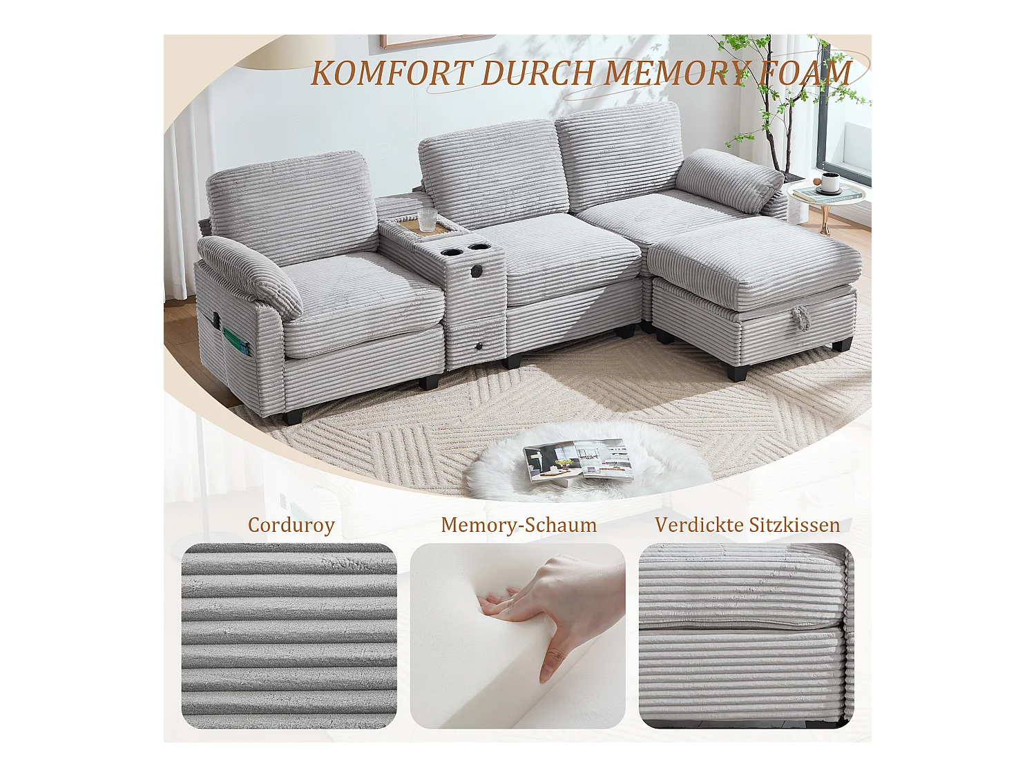 4-zits hoekbank - Modulaire bank - Middenconsole met twee USB-poorten (USB + Type-C) - Voetensteun met opbergruimte - Voor woonkamer, kantoor