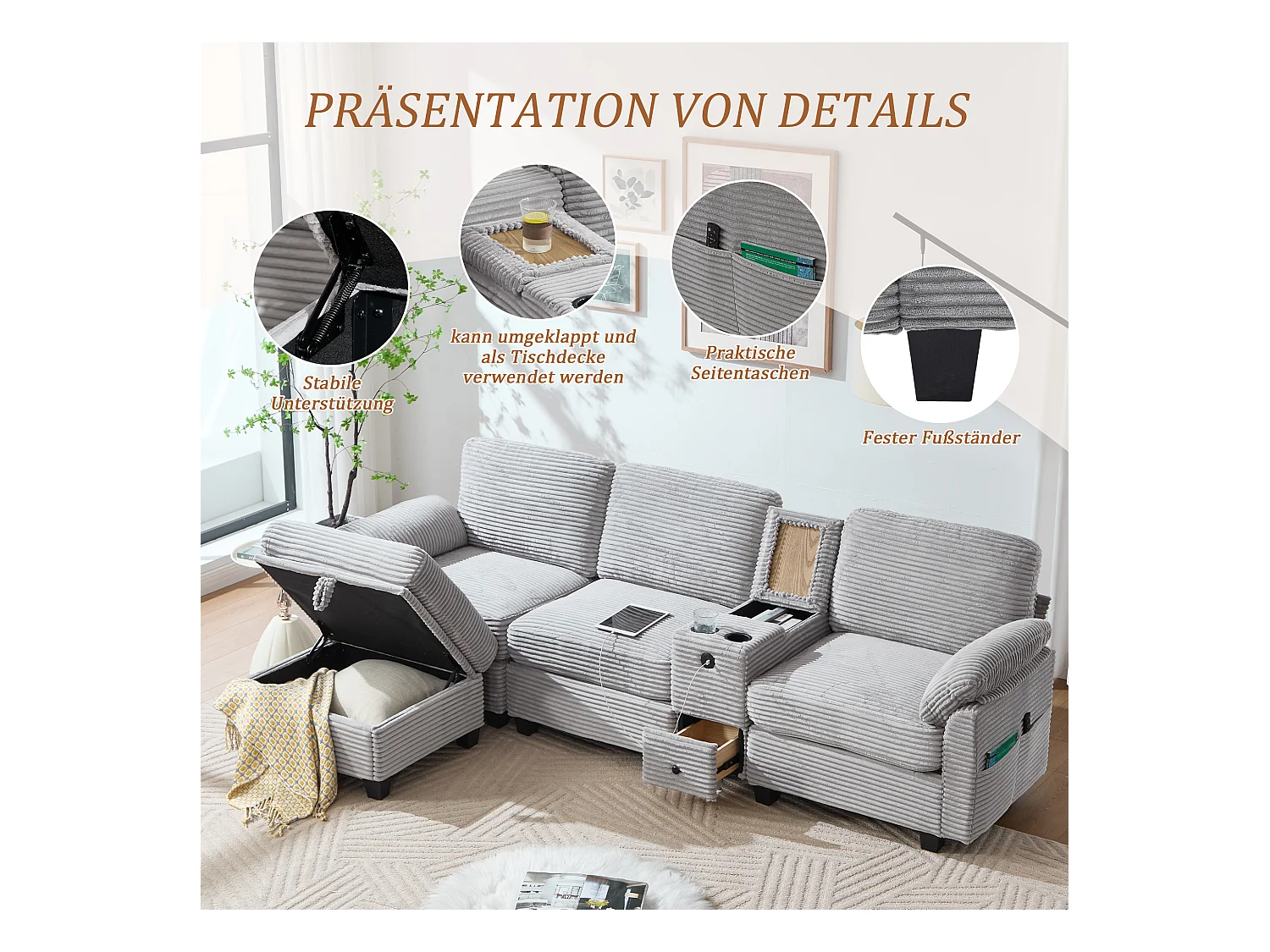 4-zits hoekbank - Modulaire bank - Middenconsole met twee USB-poorten (USB + Type-C) - Voetensteun met opbergruimte - Voor woonkamer, kantoor