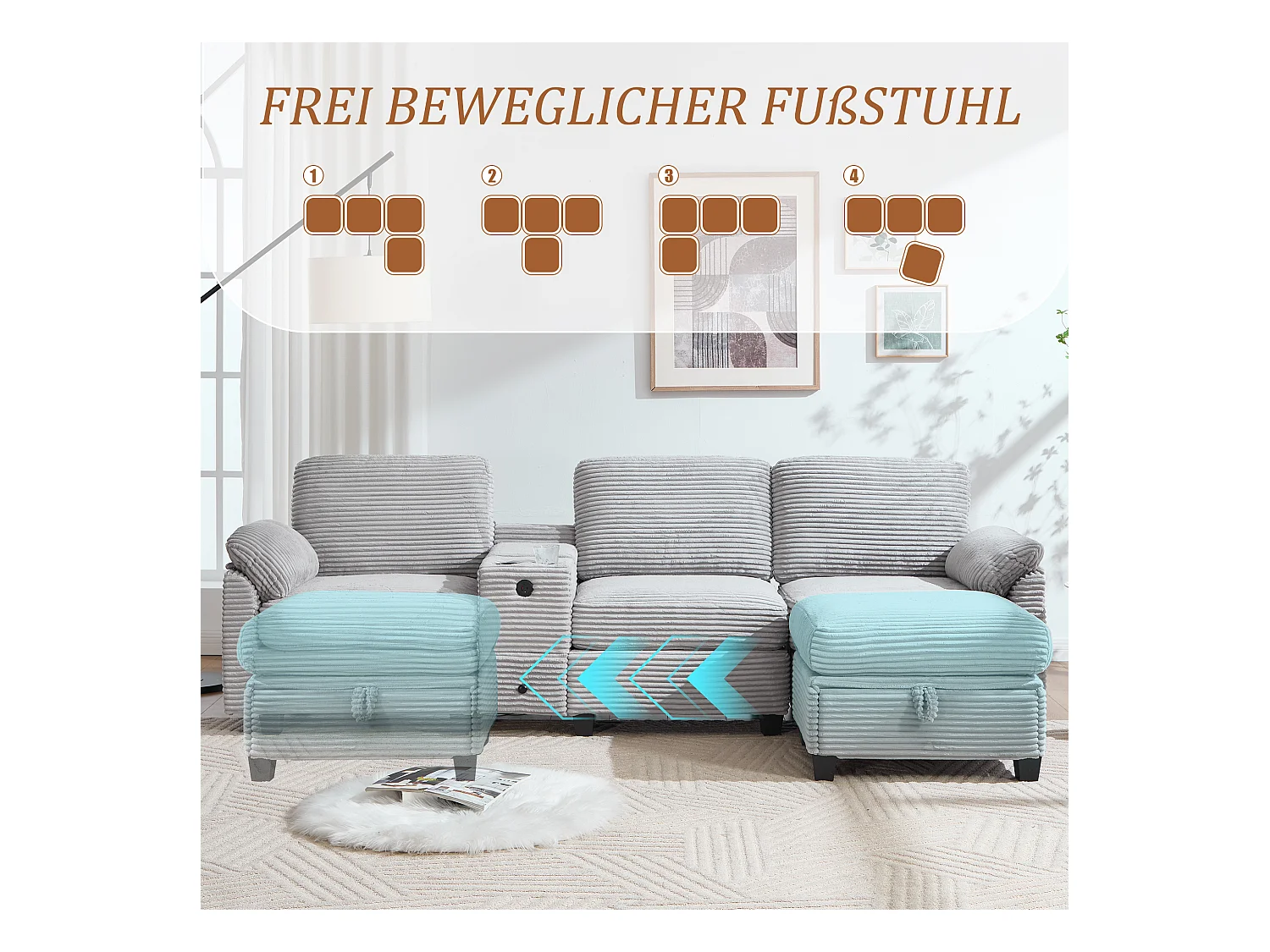 4-zits hoekbank - Modulaire bank - Middenconsole met twee USB-poorten (USB + Type-C) - Voetensteun met opbergruimte - Voor woonkamer, kantoor