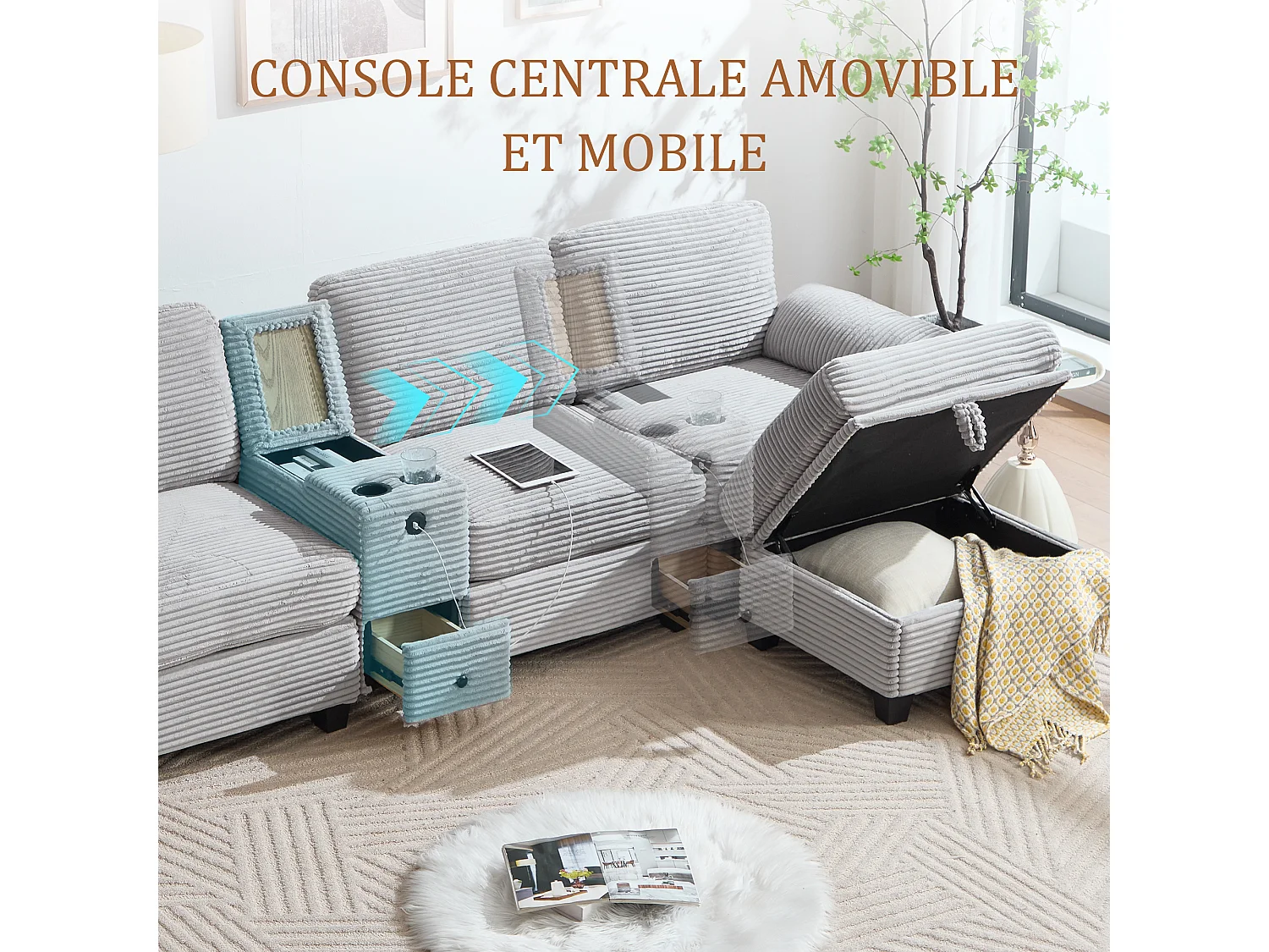 Canapé d'Angle 4 Places - Canapé modulable - Console Centrale Double Port USB (USB + Type-C) - Repose-Pieds Rangement - Pour Salon, Bureau