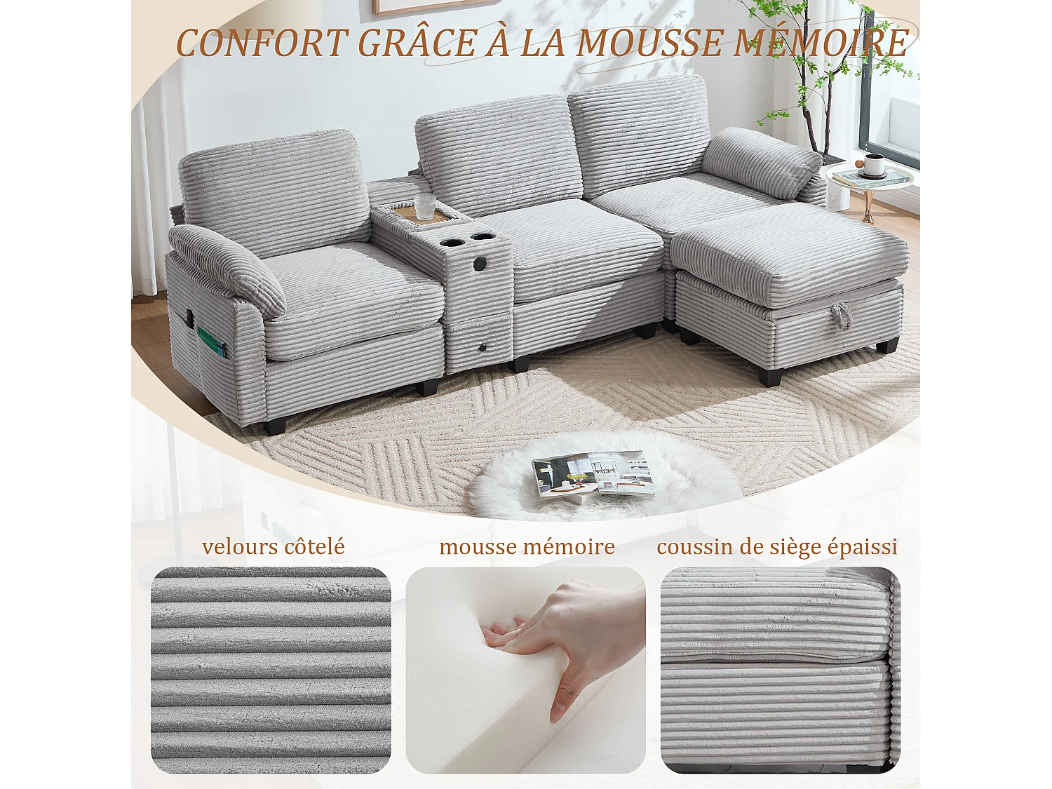 Canapé d'Angle 4 Places - Canapé modulable - Console Centrale Double Port USB (USB + Type-C) - Repose-Pieds Rangement - Pour Salon, Bureau