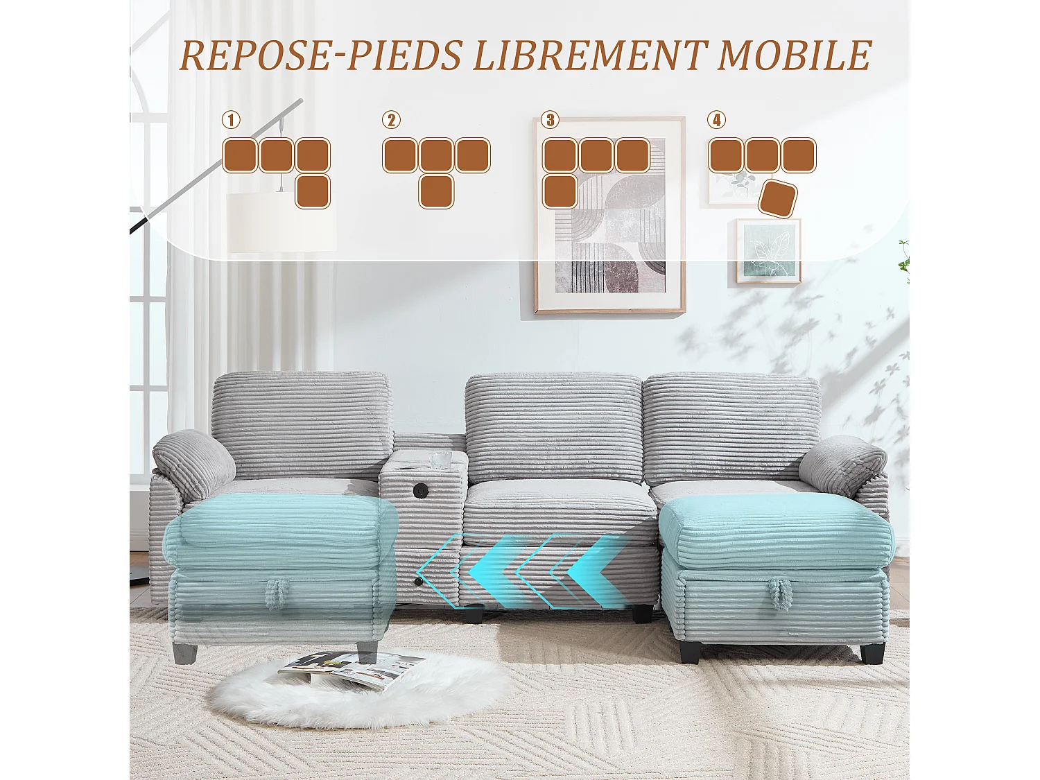 Canapé d'Angle 4 Places - Canapé modulable - Console Centrale Double Port USB (USB + Type-C) - Repose-Pieds Rangement - Pour Salon, Bureau