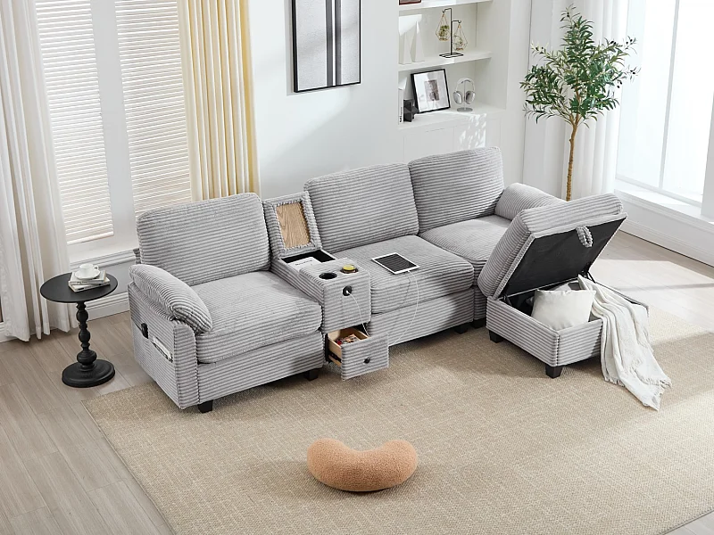 Canapé d'Angle 4 Places - Canapé modulable - Console Centrale Double Port USB (USB + Type-C) - Repose-Pieds Rangement - Pour Salon, Bureau