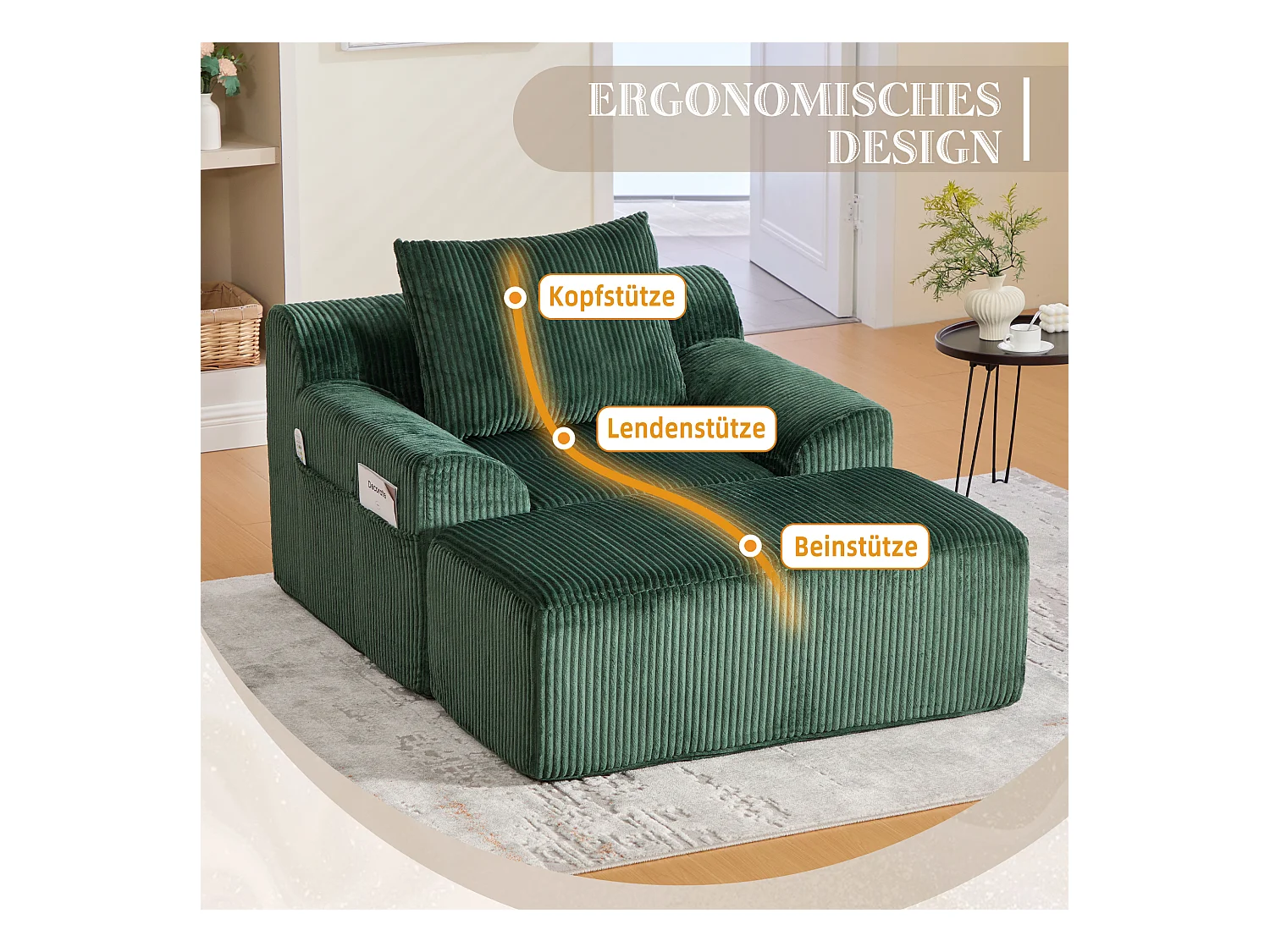 Grote zitzak met voetenbank - 1-zits corduroy bank - Optimaal comfort voor woonkamer, slaapkamer of kantoor